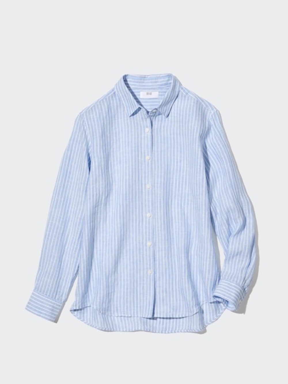 UNIQLO Premium Linen Striped Long-Sleeve Shirt Size Large Blue Womens
